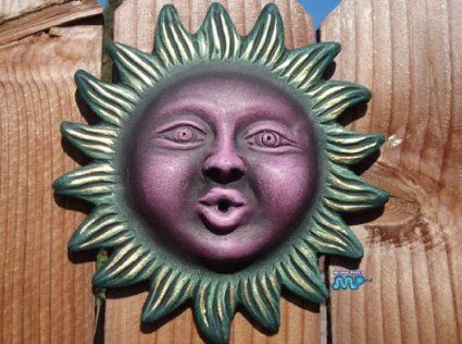 Sun Green Face purple Face Red Clay Ceramic Large 8 1/2" Plaque .
