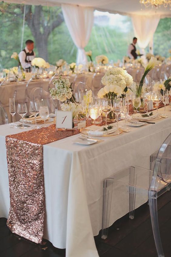 blush rose gold sequin table runner and tablecloth / http://www .