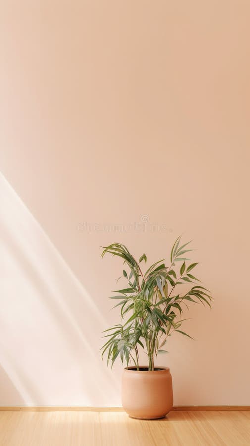 Empty Room Interior Background Beige Wall Pot with Plant Stock .