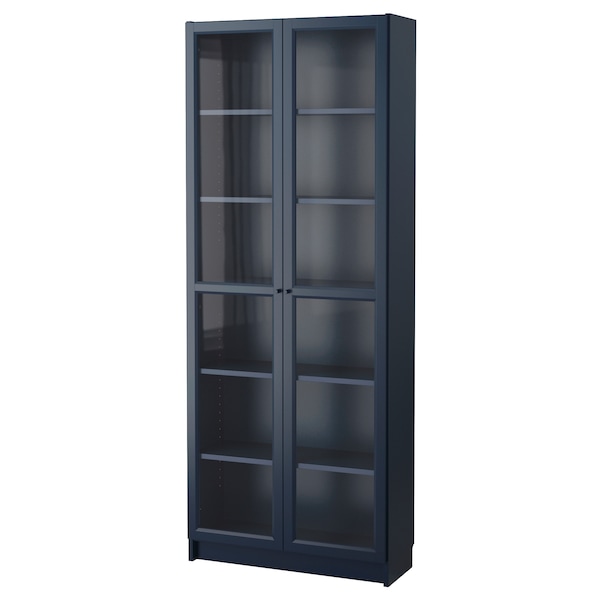 BILLY Bookcase with glass doors, dark blue, 31 1/2x11 3/4x79 1/2 .