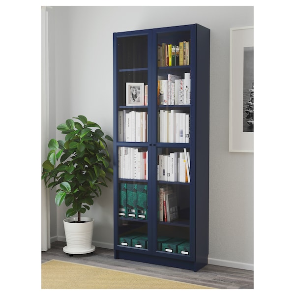 BILLY Bookcase with glass doors, dark blue, 31 1/2x11 3/4x79 1/2 .