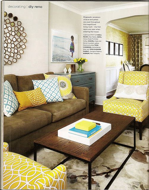 Love the yellow pops. | Living room colors, Yellow living room .