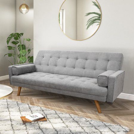 Lacoo Modern Linen Fabric Futon Sofa Bed with Pillows, 76" Gray .