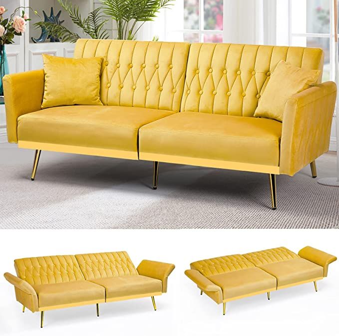ACMEASE 70” Velvet Futon Sofa Bed w/Adjustable Armrests & 2 .
