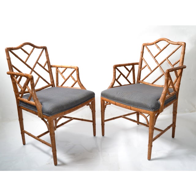Pair, Faux Bamboo Chinese Chippendale Armchairs Fabric Upholstery .