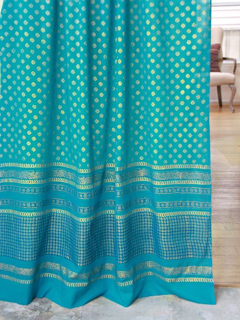 Jeweled Peacock ~Turquoise Blue and Gold Colored Sheer Curtain .
