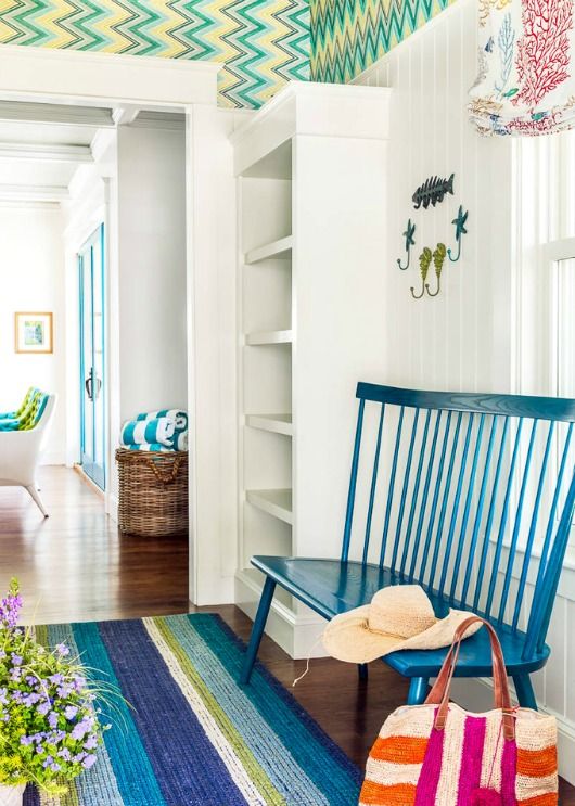 Bold Bright Blue & Green Patterns Decorate this Coastal Home .