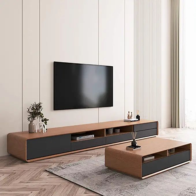 POVISON Modern Wood White TV Stand, Lowline Media Console with 4 .