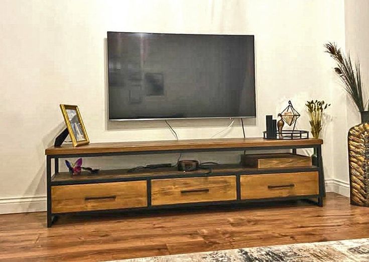 Wood and Steel Tv Stand Carmen/ Natural Solid Wood and Metal .