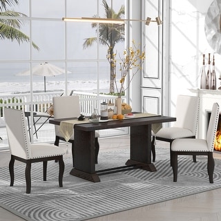 Farmhouse Solid Wood Dining Table Set with Upholstered Chairs .