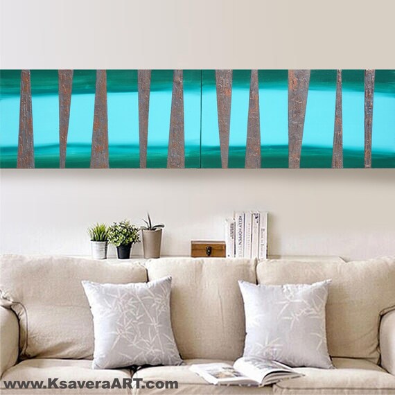 Turquoise Rusty Iron Abstract Painting Vertical Textured Wall - Et