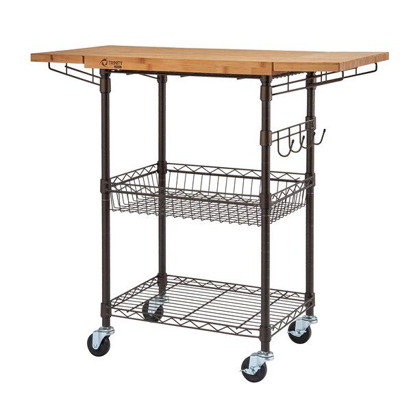 39" Steel Kitchen Island with Solid Wood Top and Locking Wheels .