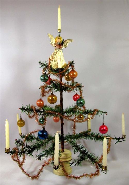 Antique GERMAN FEATHER TREE * vintage Christmas Ornaments & Candle .