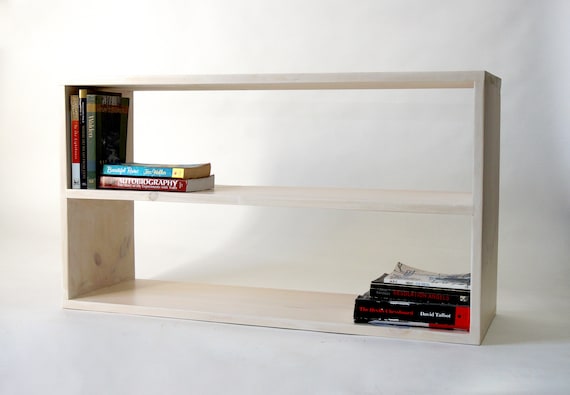 Long Wood Bookcase Low Minimal Bookshelf 2 Shelf Storage - Et