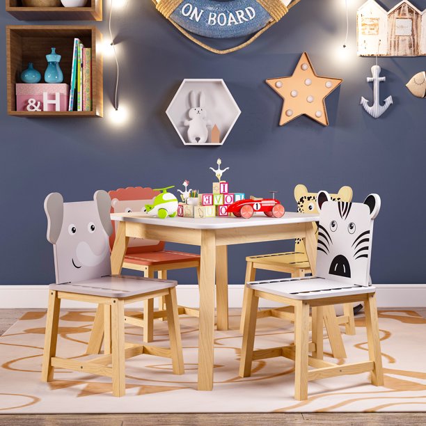 SYNGAR Wood Table and Cartoon Animals Chairs Set, 5 Pieces Home .