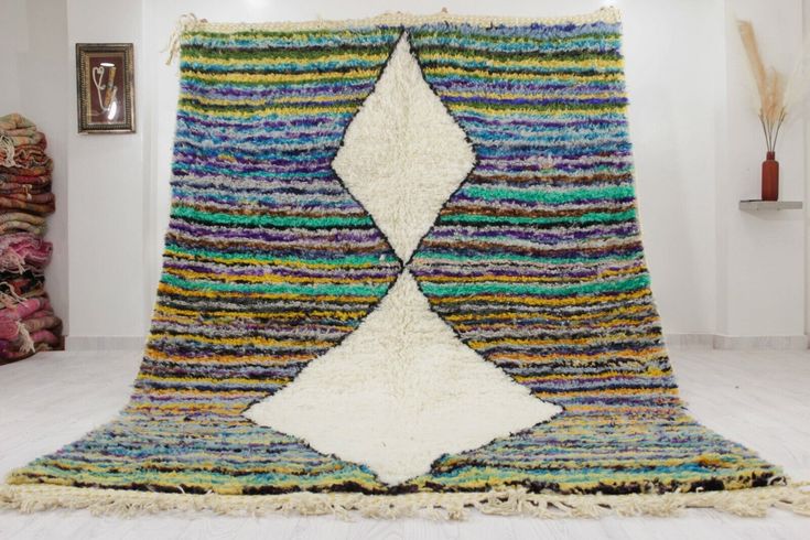 Handmade Rug 8'x5' Berber Wool Carpet Moroccan White Green Beni .
