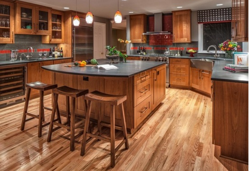 light hardwood floor with medium stained cabinets | Contemporary .