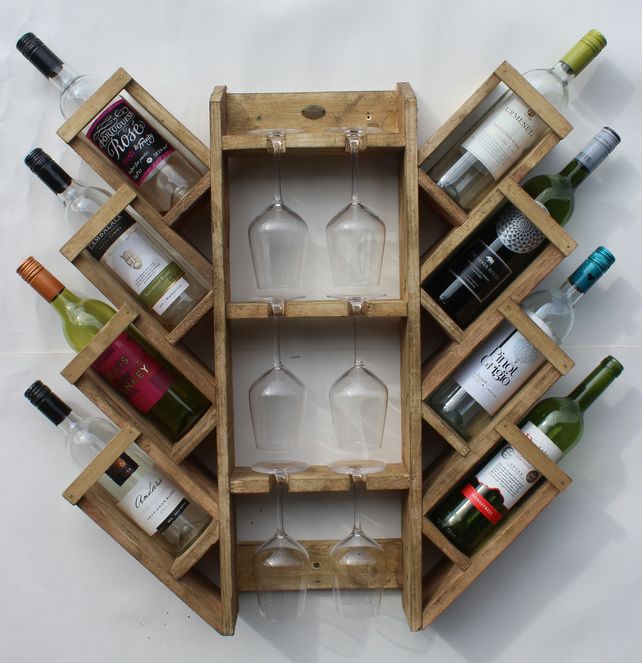 Wine rack, 8 bottles & 6 glass's Chevron design | Wooden wine rack .