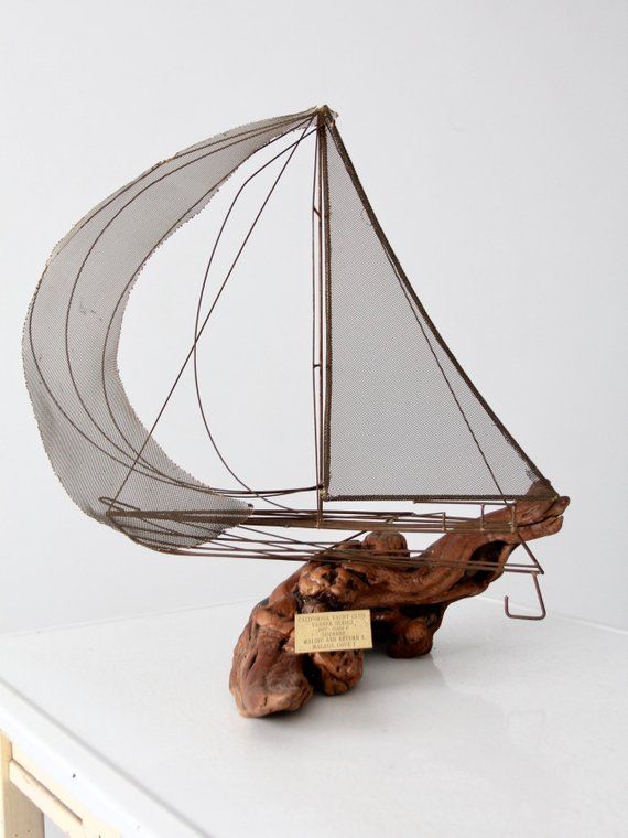 vintage brass boat sculpture with driftwood, 1977 California Yacht .