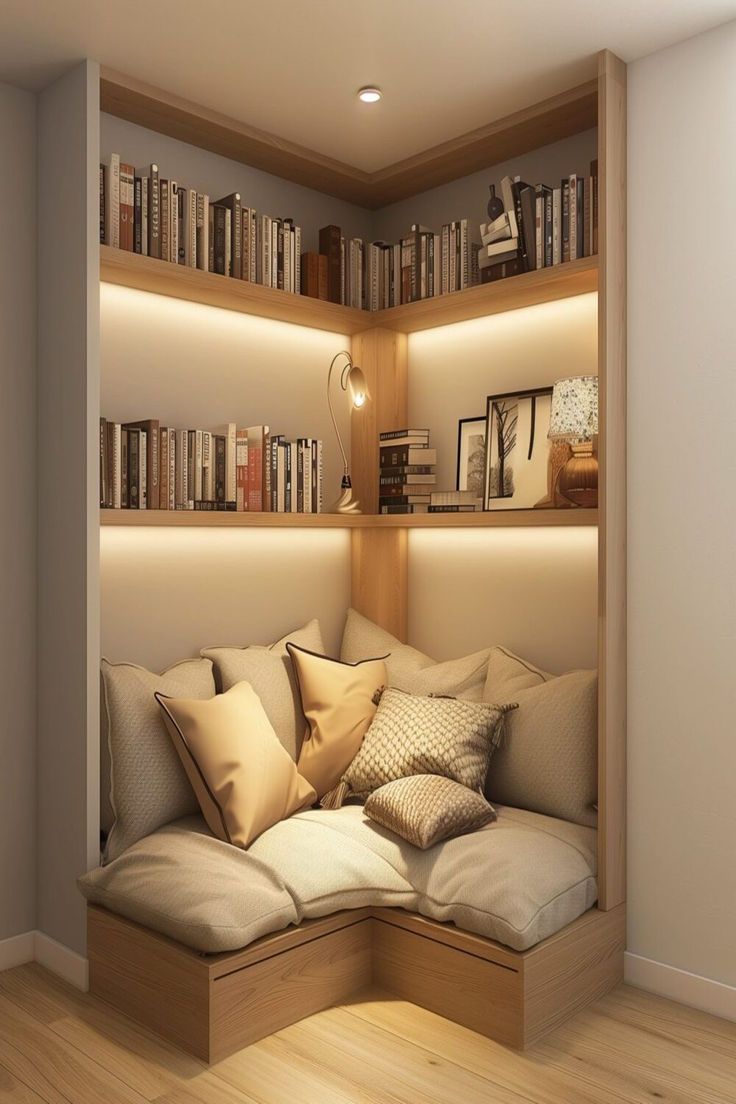 10+ Bedroom Shelving Ideas: Cozy Reading Nook with Integrated Bookshelves