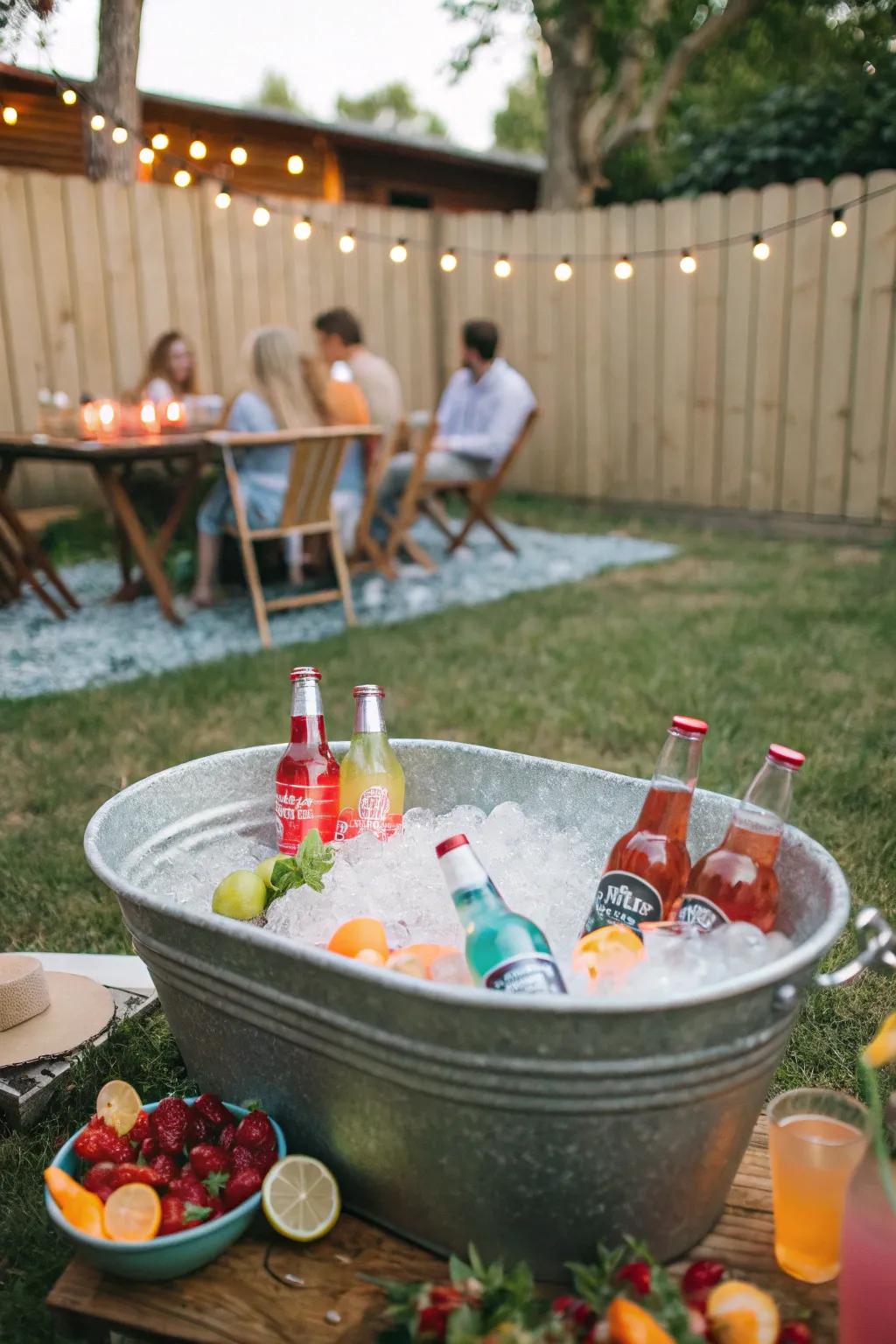 A charming beverage cooler made from an antique wash tub, perfect for outdoor gatherings.