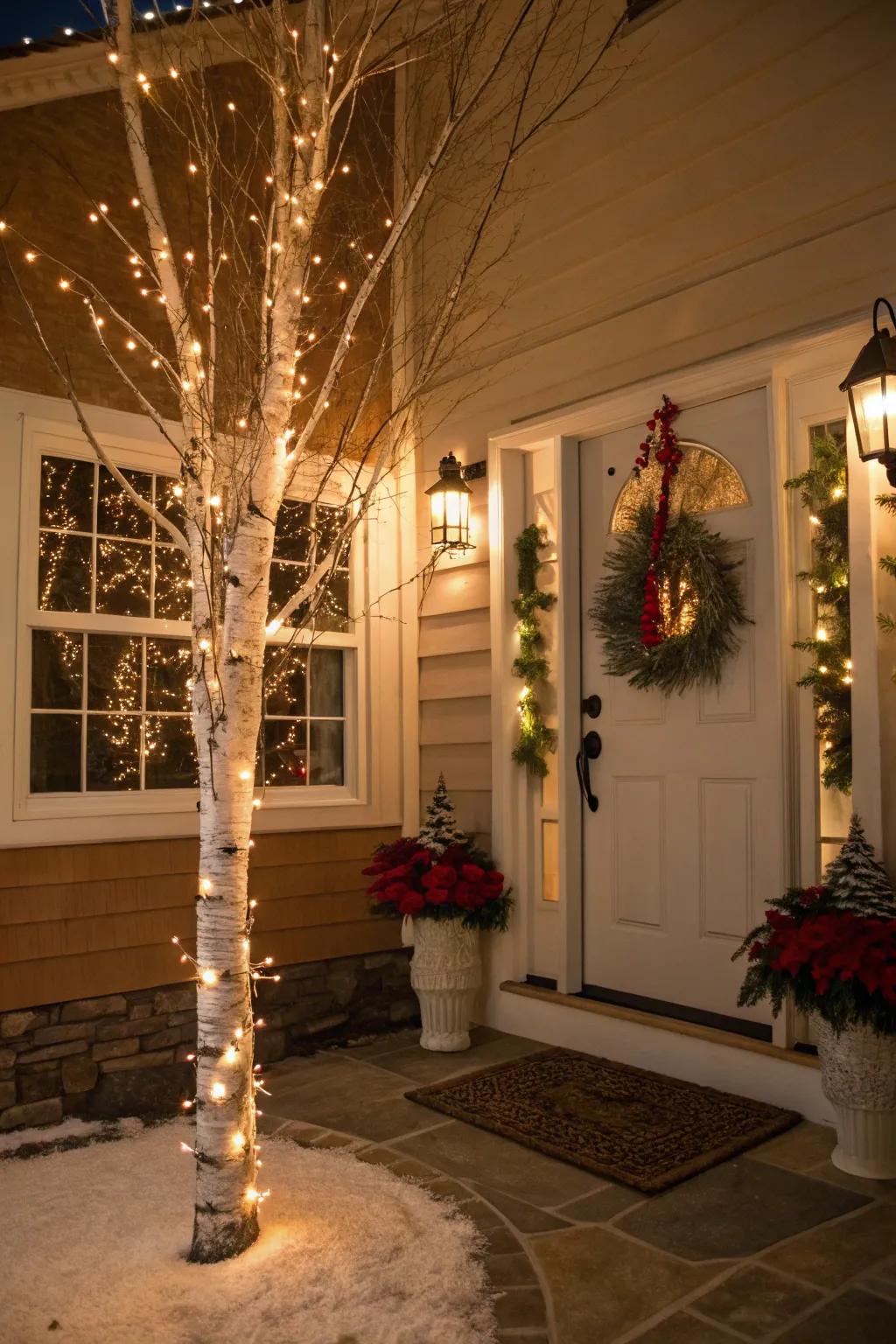 Welcoming entryway with a beautifully lit birch tree