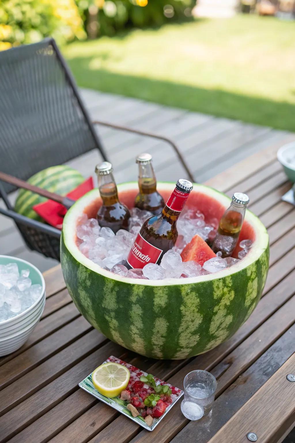 A refreshing watermelon ice bucket that keeps drinks cool in style.