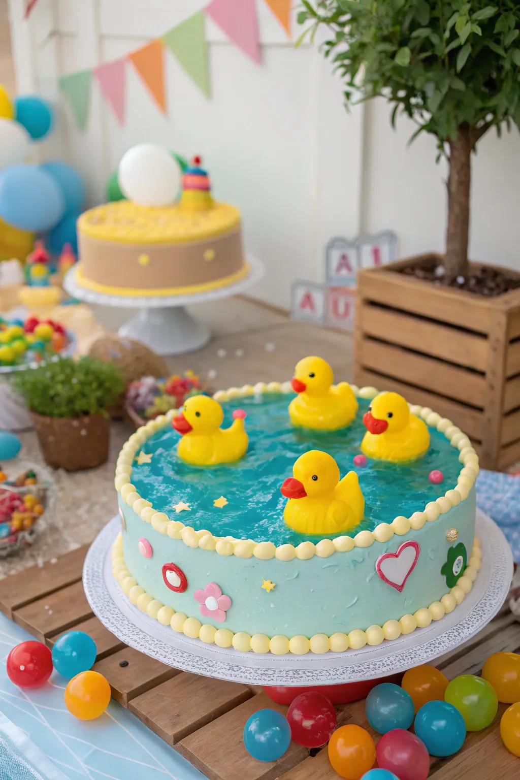 This rubber duck pond cake is a quirky and adorable centerpiece.