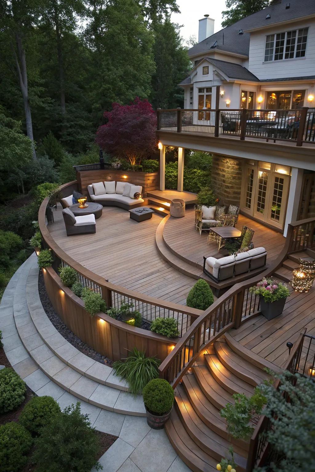 A multi-level design adds dimension and interest to a half-moon patio