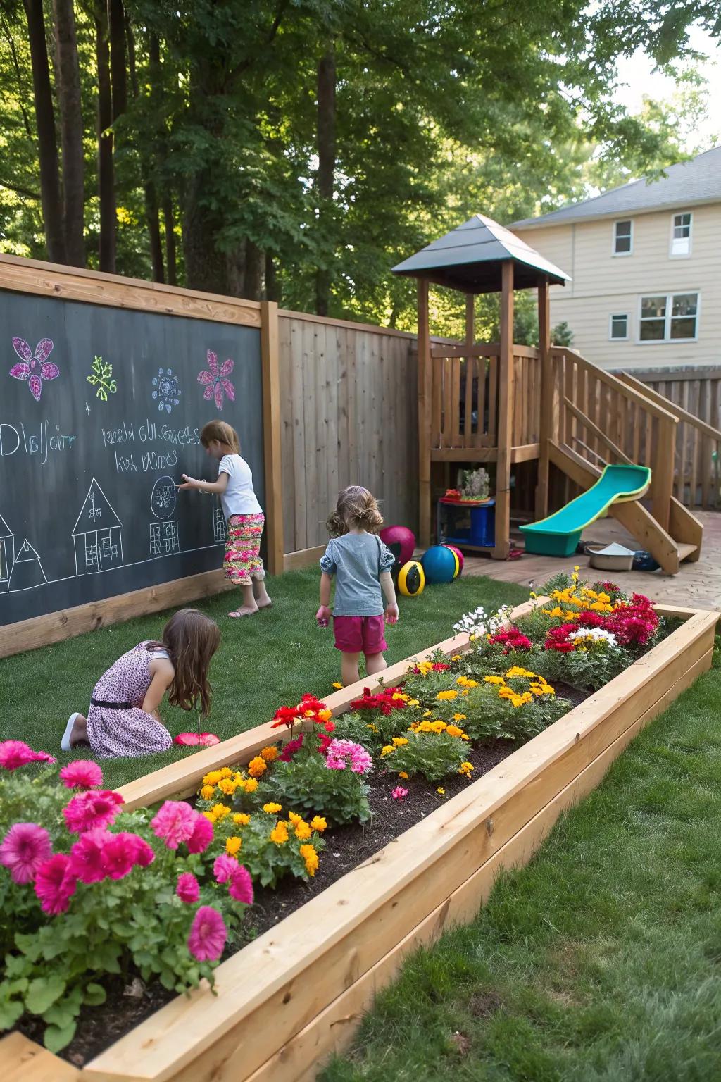 An outdoor play area with a garden bed and chalkboard wall.