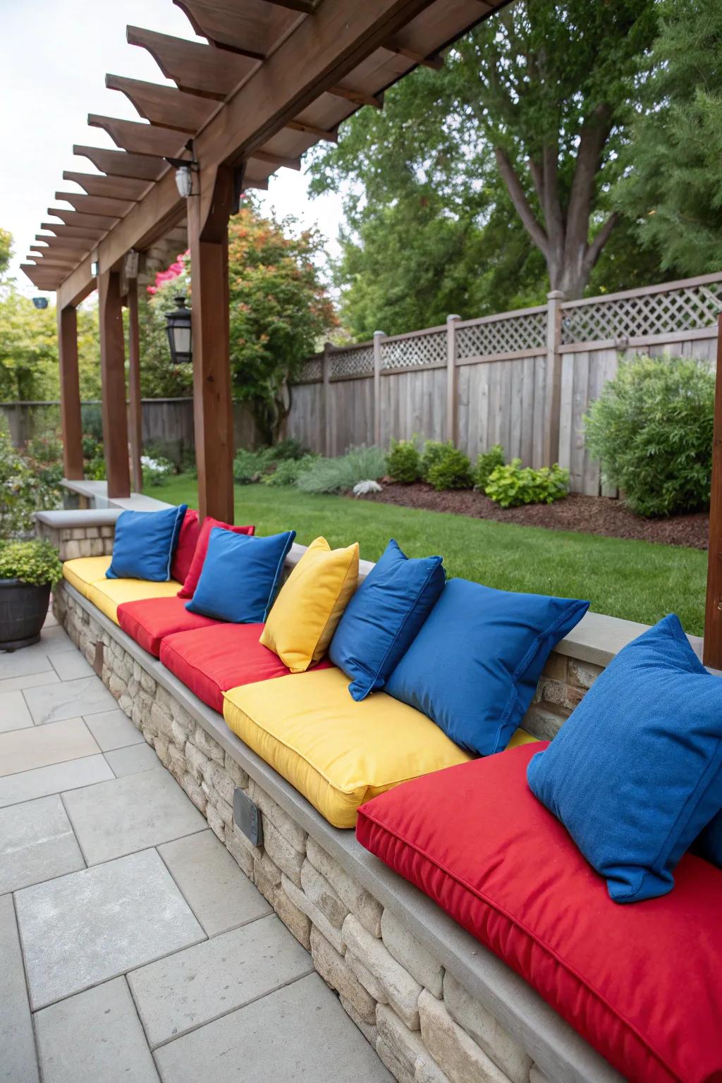 Vibrant cushions add a lively and personal touch to this sitting wall.