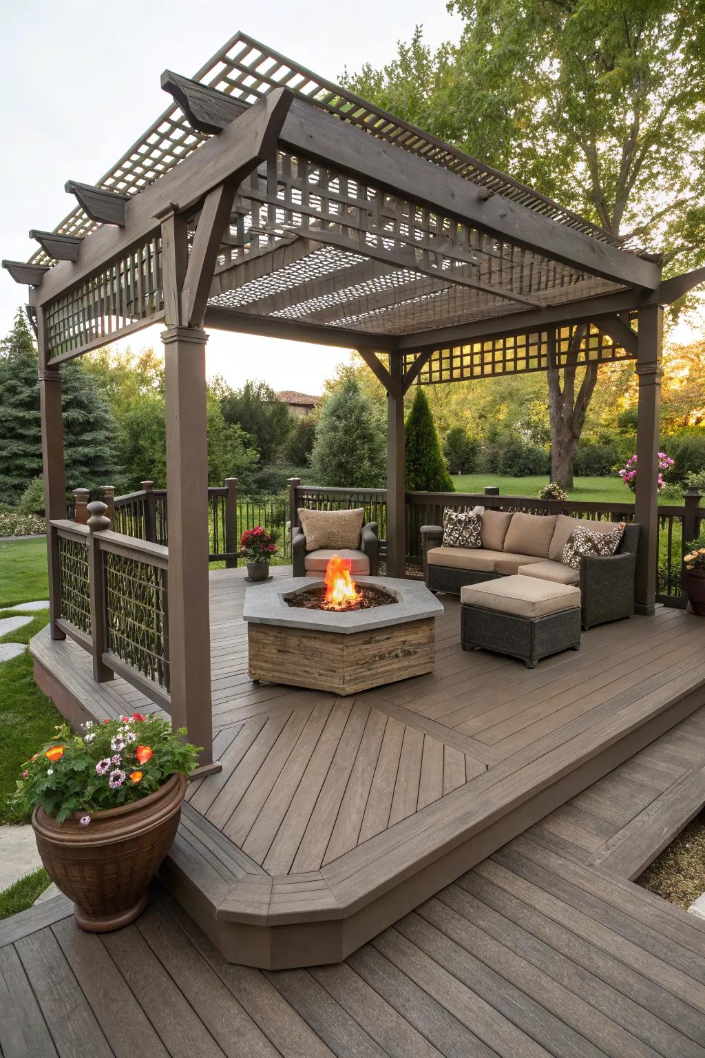 A pergola with a fire pit creates a cozy atmosphere.
