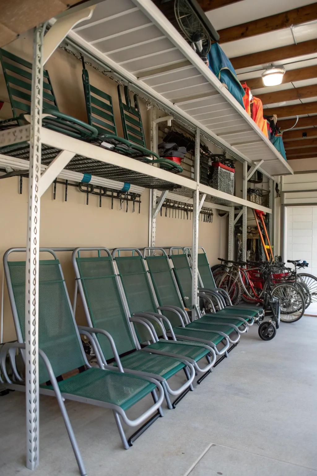 Overhead racks make efficient use of garage space.