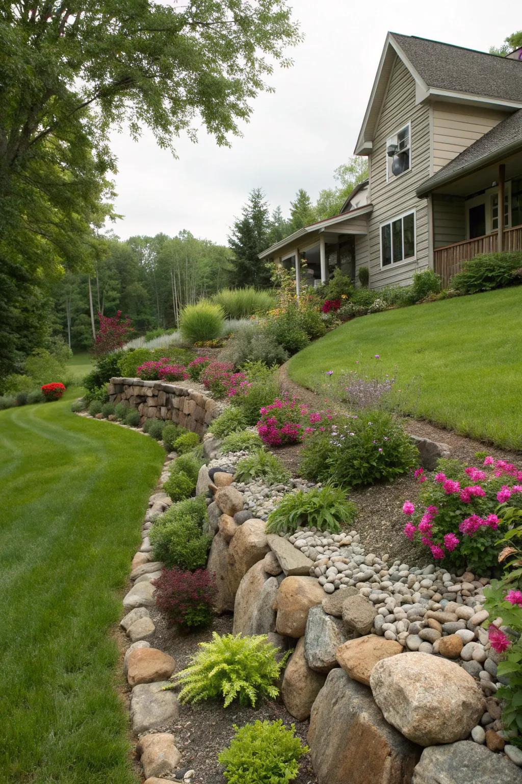 Artistic swales guide water subtly and beautifully.