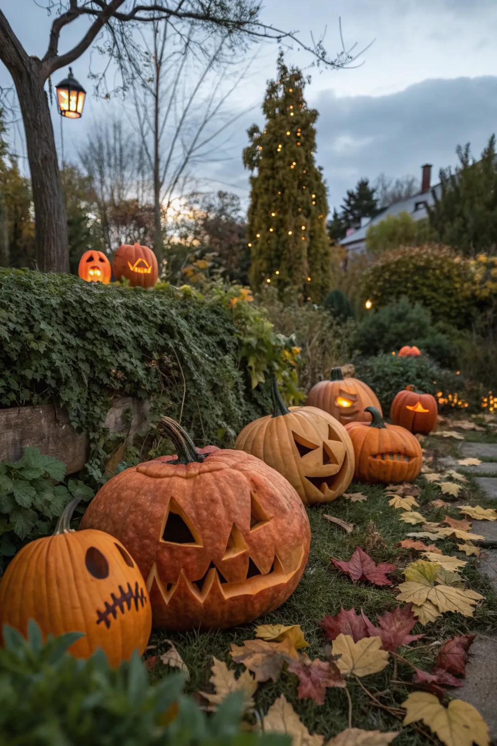 A cluster of glowing jack-o'-lanterns, each with its own personality.