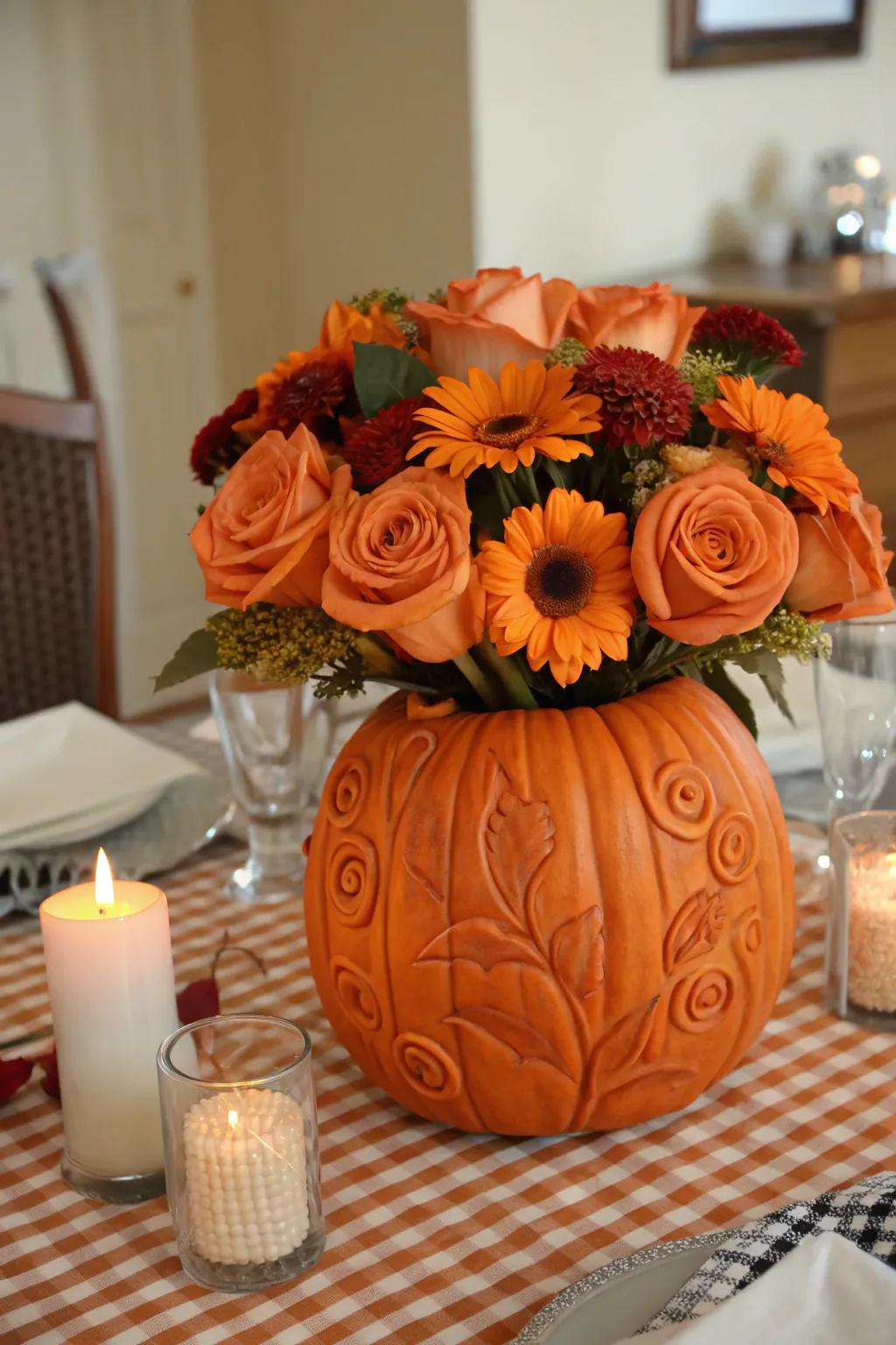 Transform a pumpkin into a vase filled with vibrant autumn blooms.