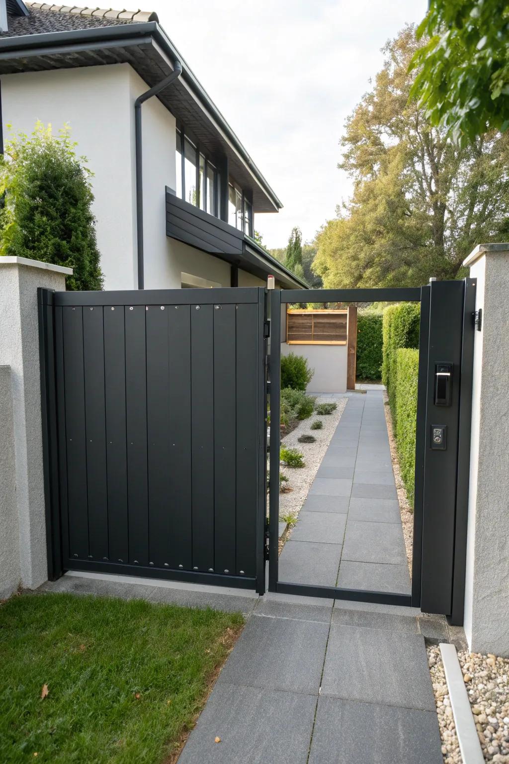 A solid panel gate offers privacy while keeping a sleek design.