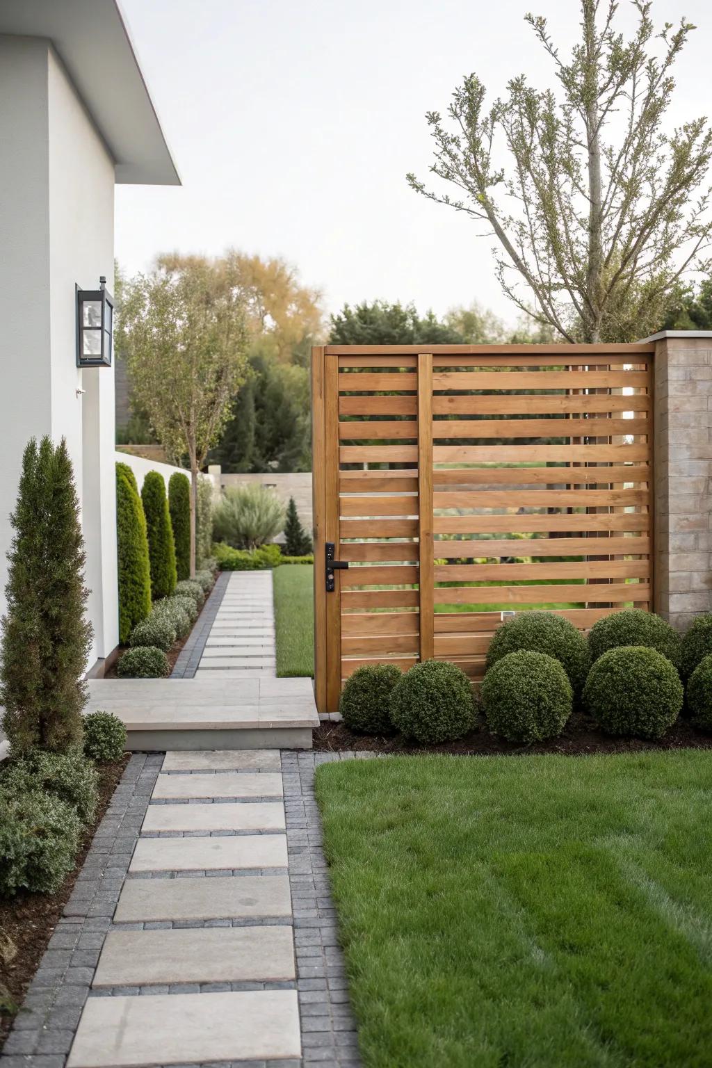 A modern gate with floating slats, offering an airy and stylish design.