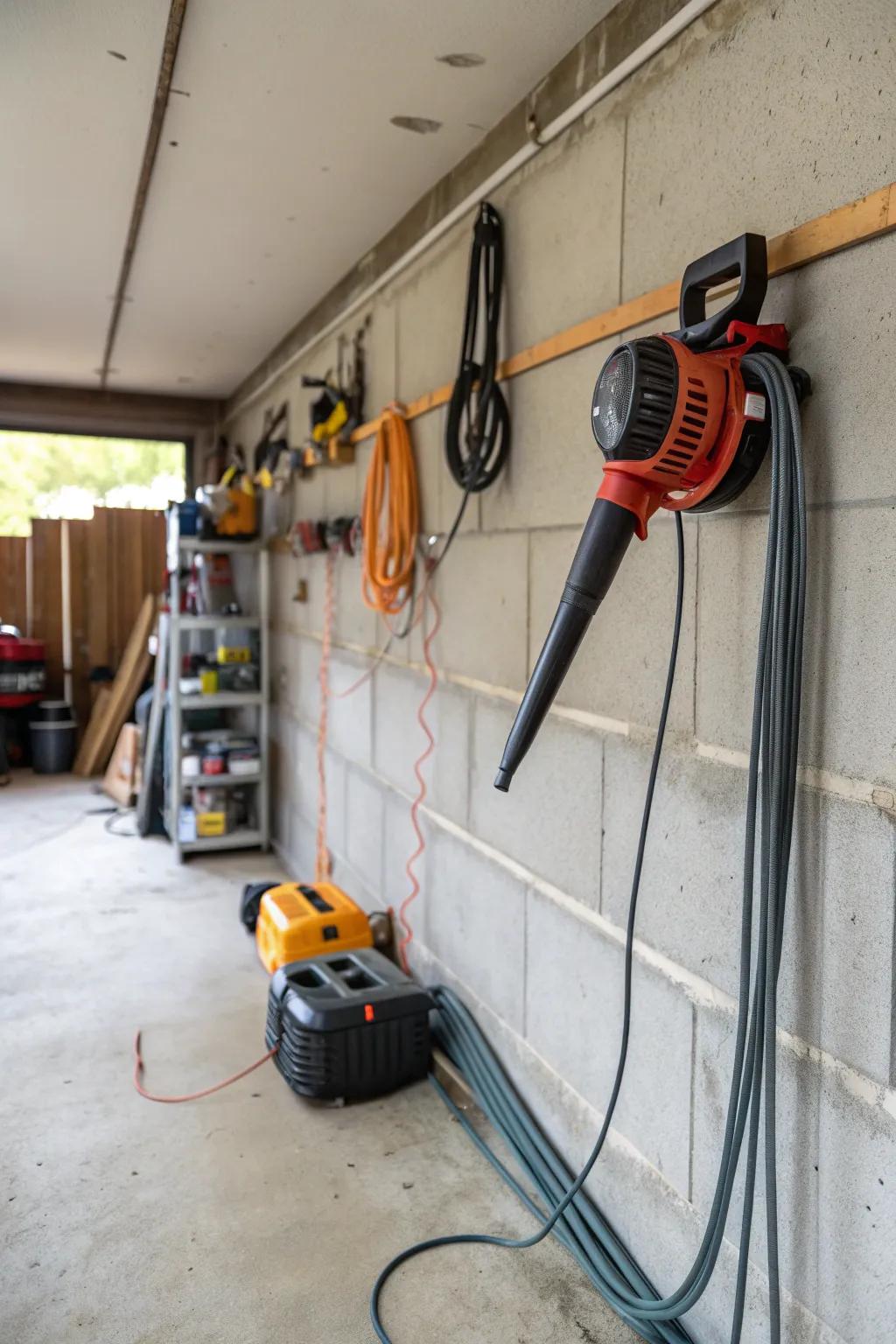 Creative bungee cord wall mount for flexible leaf blower storage.