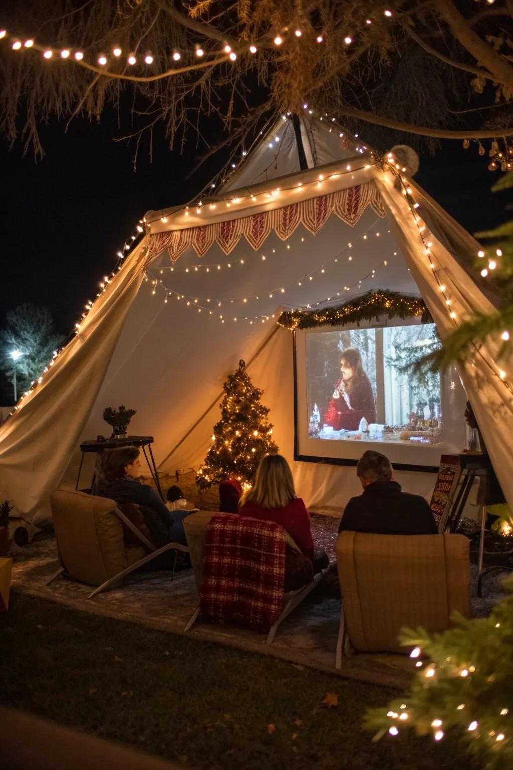 A projection screen turns your tent into a cozy holiday cinema.