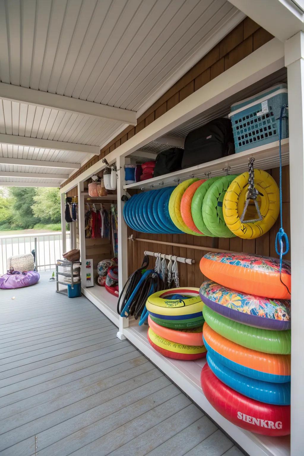 Under-deck storage keeps bulky floats hidden yet accessible.