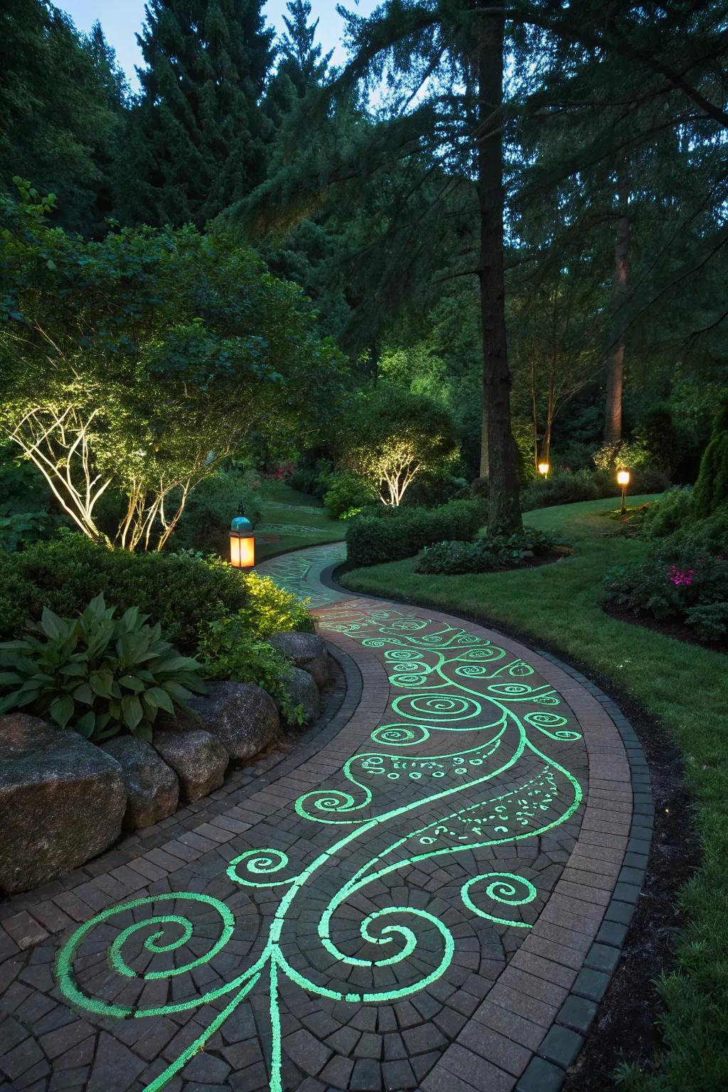 Glow-in-the-dark paint on garden paths guiding guests with creative patterns.