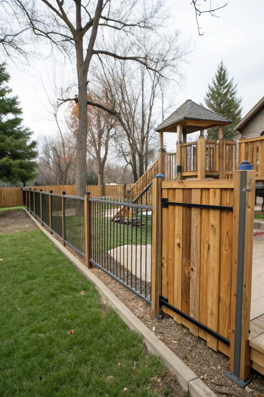 Mixed material fences add a stylish and artistic touch to playgrounds.