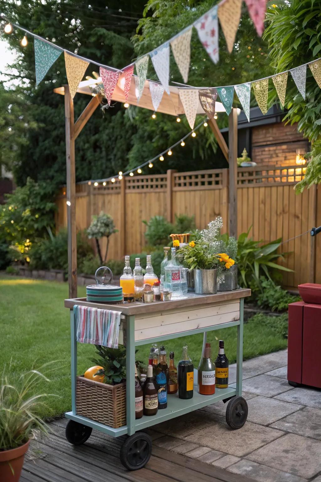A garden cart bar combines mobility with charm.