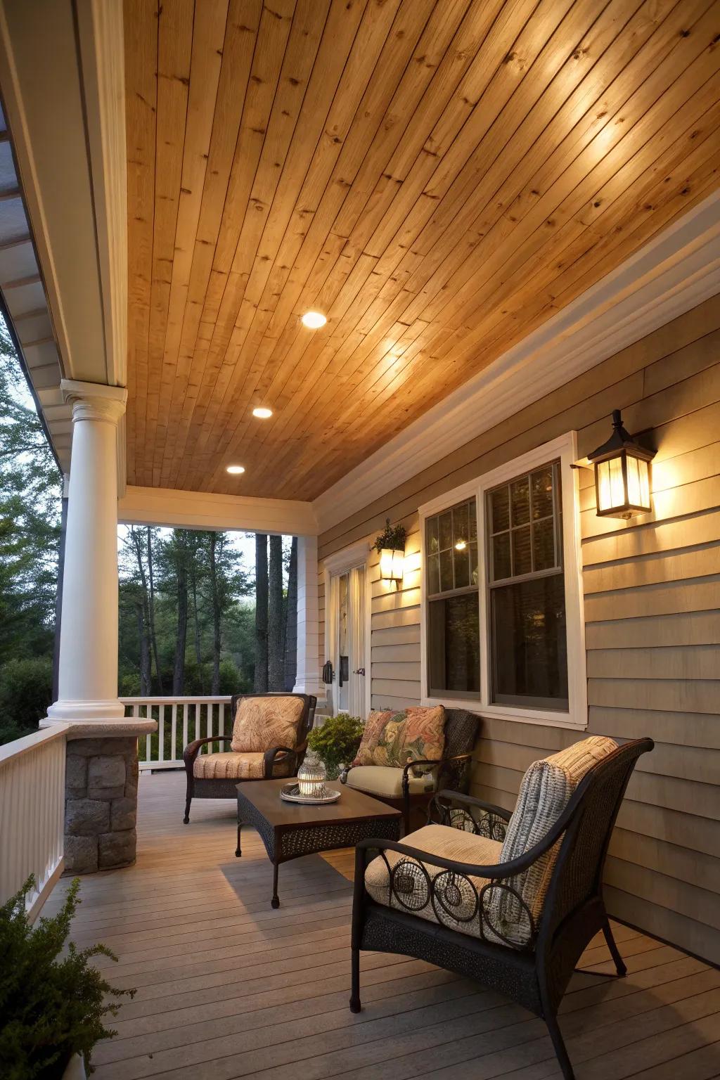 Cedar paneling on the porch ceiling adds warmth and character.