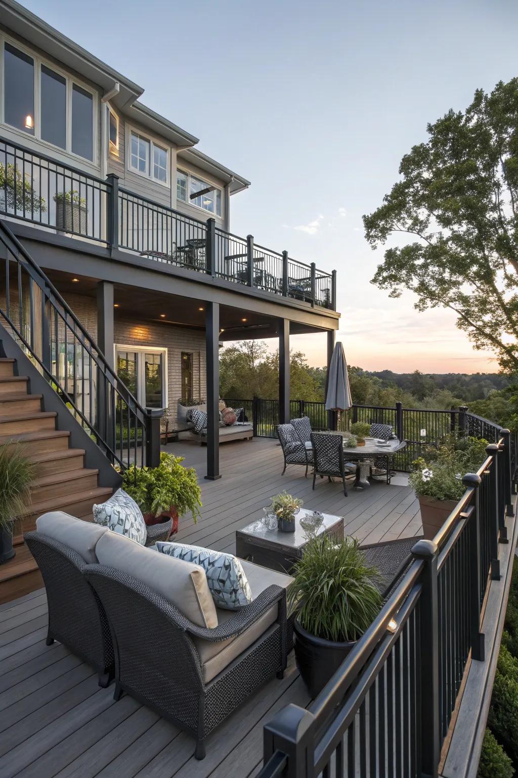 A multi-level deck offering diverse spaces for relaxation and gatherings.