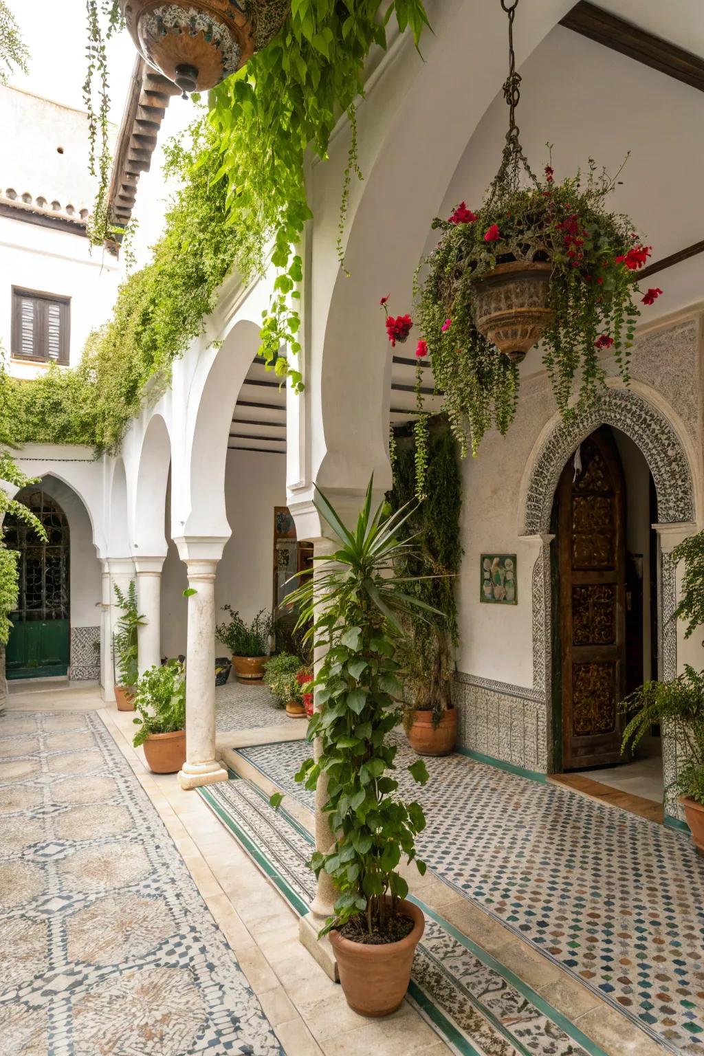 Hanging planters add vertical interest and lush greenery to the patio.