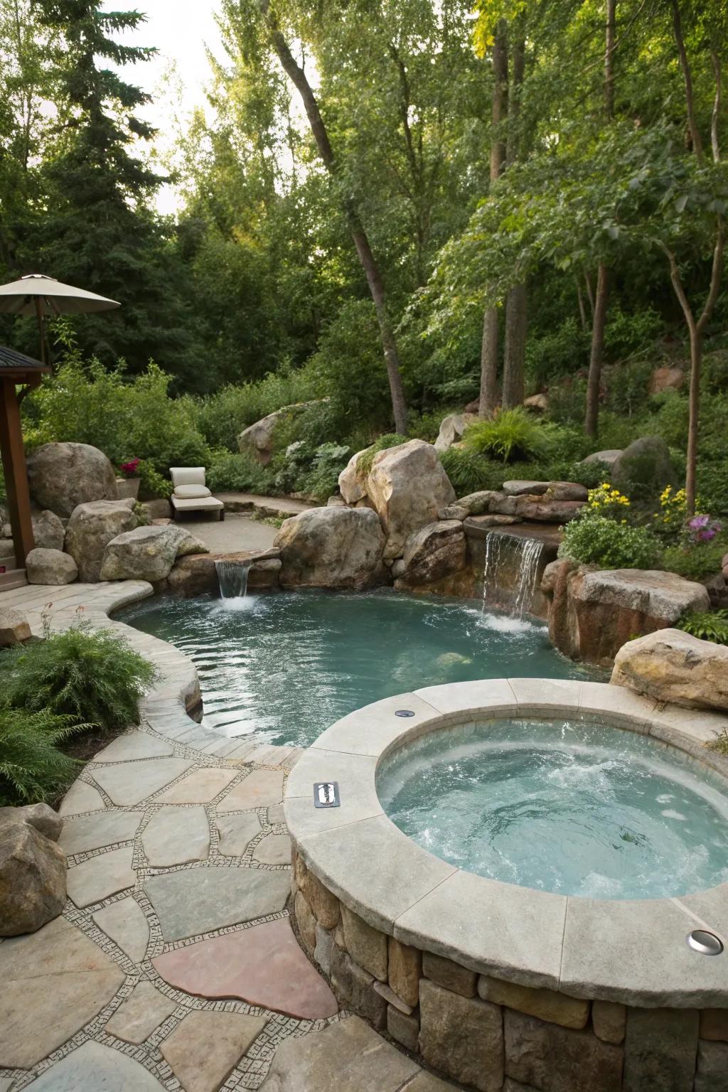 A tranquil pool and hot tub setting surrounded by natural rocks and lush greenery.