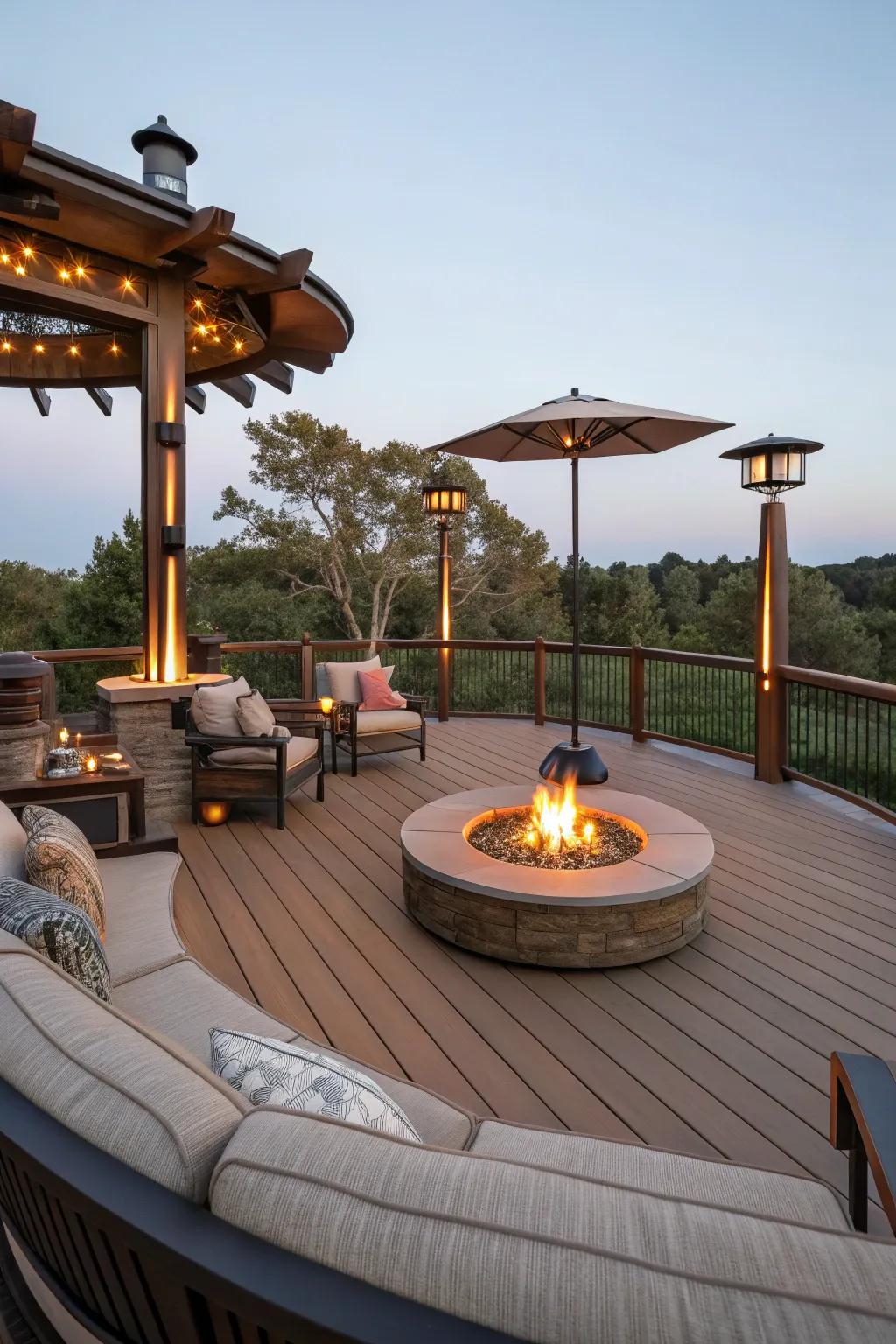 Cozy fire pit area for year-round deck enjoyment.