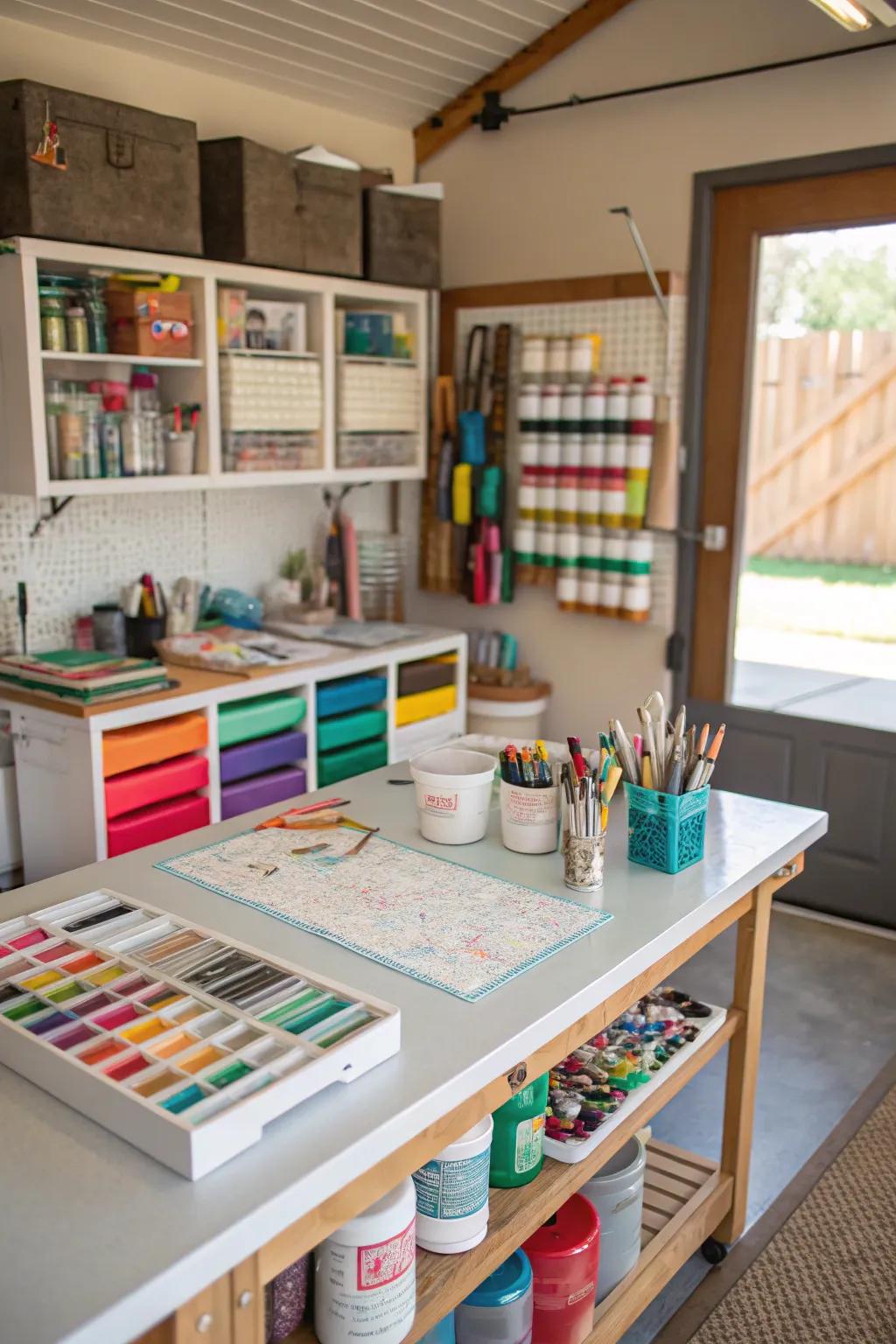 A creative crafting corner in a garage she shed, perfect for DIY projects.